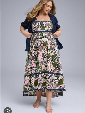 torrid Pink and Green Floral High-Low Maxi Dress with Navy Trim